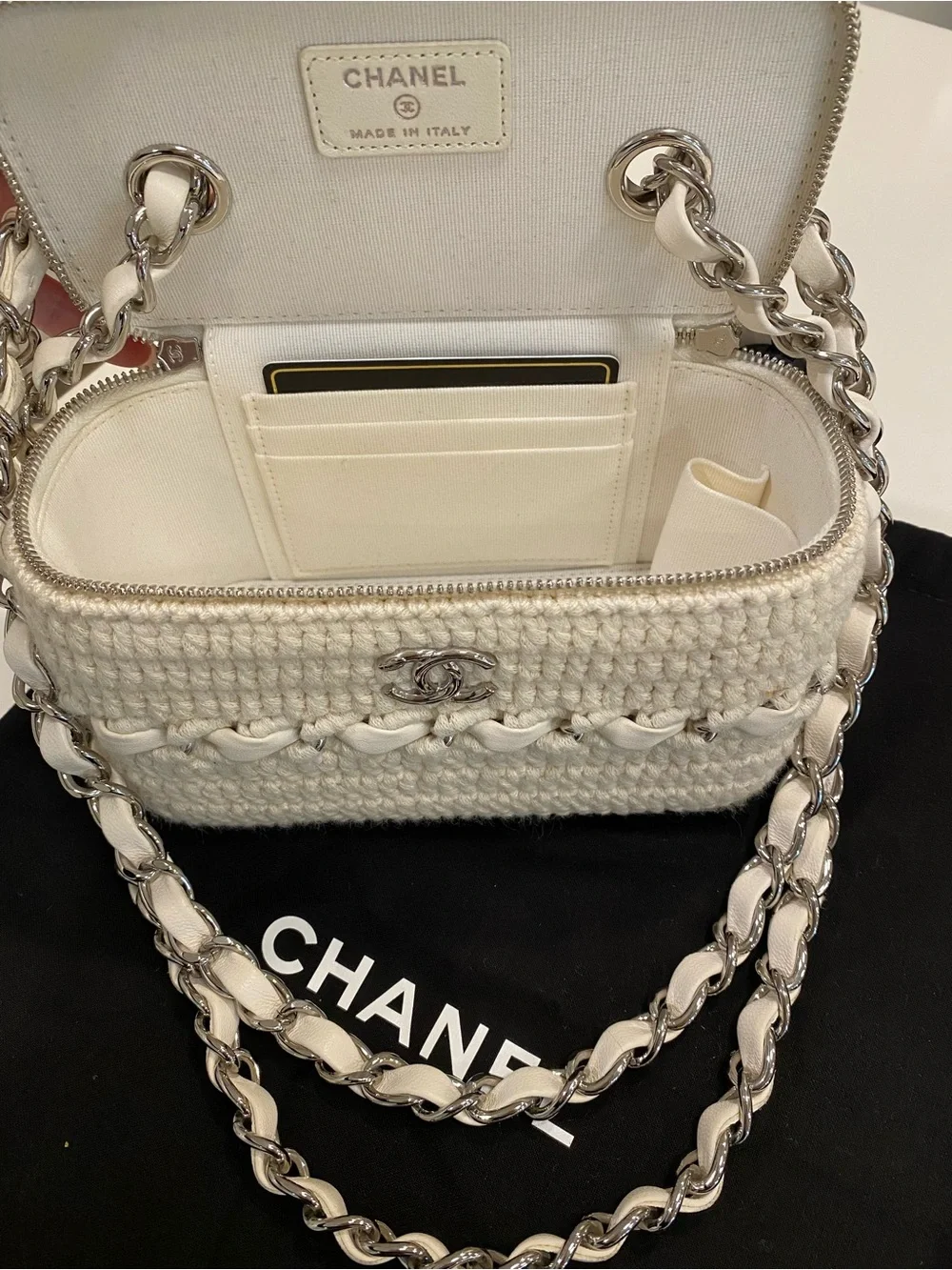 CHANEL Lambskin Crochet Quilted Small Vanity Case With Chain White